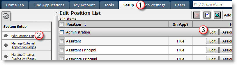 Setup>Edit Position List>Edit Category